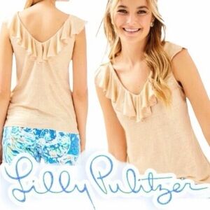 Lilly Pulitzer Women's like New Linen ruffle top in cream shimmer size small